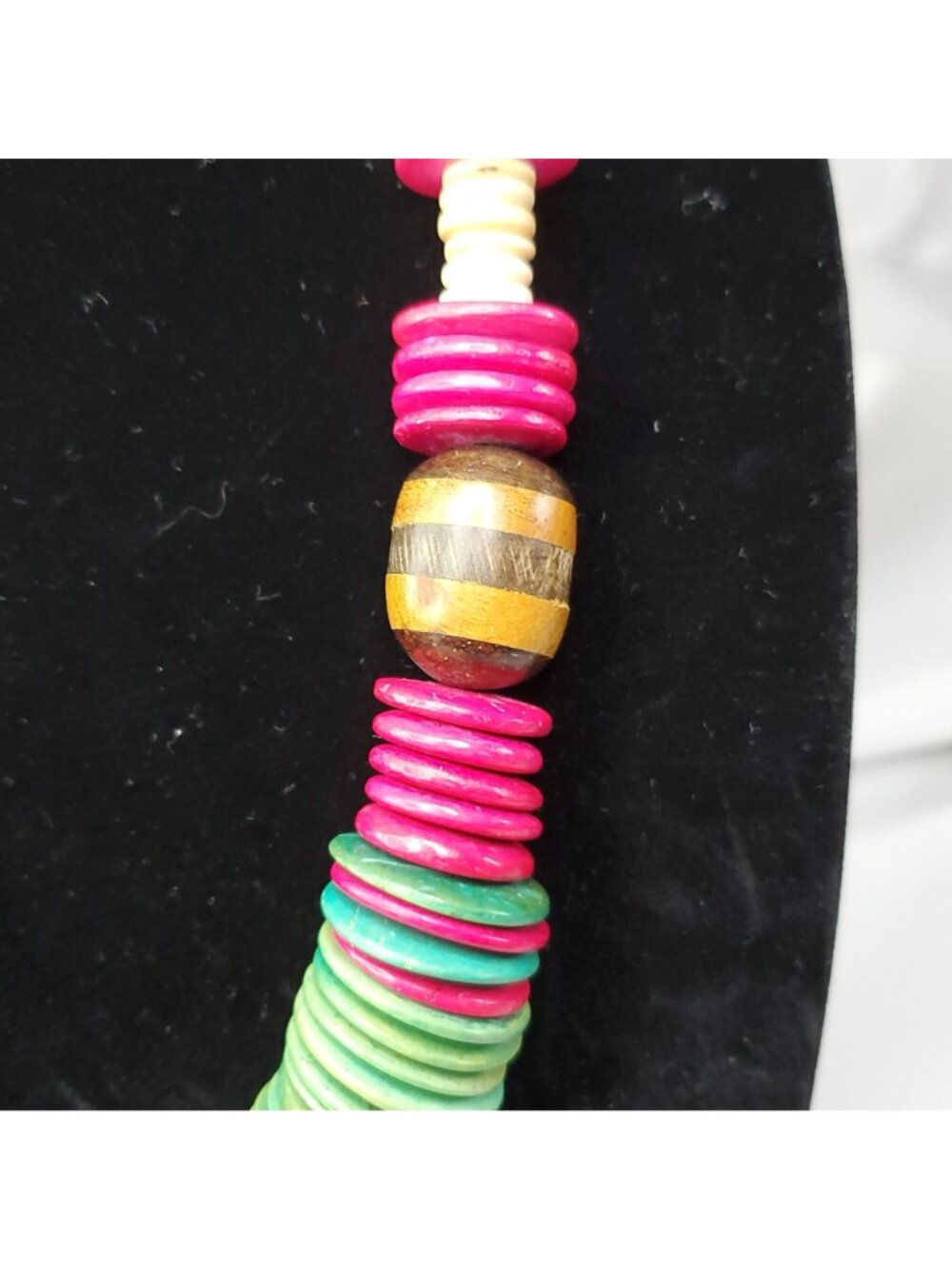 VTG Chunky Wooden Necklace Multicolor Disk Beads Boho Hippie jewelry Green Pink - Picture 7 of 10